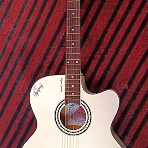 White Acoustic Guitar with Jazz Artwork | 6 String Cutaway Guitar for Beginners & Artists | Handmade Meerut Musical Instrument
