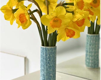 Handmade teal porcelain cylinder vase. Hand made textures. Handbuilt vase. Handcrafted gifts. Interior decor ceramics.