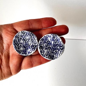 Large Porcelain Handpainted Stud Earrings | Ceramic Earrings | Handmade earrings | Large Studs | Blue coral texture | Ocean Inspired