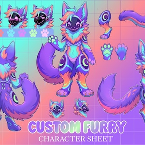 May include: A digital character reference sheet featuring a colorful anthropomorphic creature with purple, blue, and orange fur. The illustration displays multiple views of the character, paw pad color swatches, and the text CUSTOM FURRY CHARACTER SHEET.