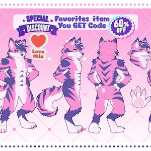 May include: A digital character reference sheet featuring an anthropomorphic wolf with pink and dark purple fur patterns. The sheet displays front, side, and back views, a headshot, a tail, a paw pad, and feet. Text includes SPECIAL, Favorites item, You GET Code, DISCOUNT, 60% OFF, and Love this.