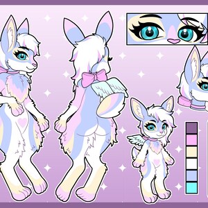 May include: A digital character reference sheet featuring a rabbit-like creature named Ruby with white, pastel blue, pink, and yellow fur. The illustration displays multiple views of the character, including a close-up of blue eyes and a color palette.