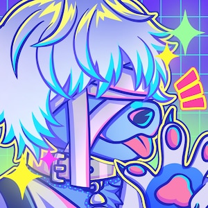 May include: Digital illustration of a cartoon character with light blue fur, blue and yellow hair, and a paw-like hand. The character has a bandage on its face and is wearing a collar. The background is a grid with stars and a speech bubble.