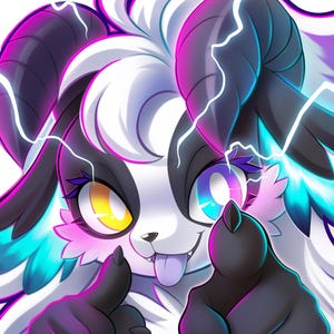 Puede incluir: Ilustración digital de un personaje de dibujos animados con pelaje blanco y negro, ojos grandes y una expresión juguetona. El personaje tiene cuernos, una lengua azul y está haciendo una señal de pulgar hacia arriba. Los rayos y los colores vibrantes se suman al diseño dinámico.