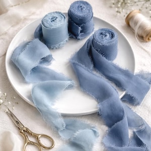 Dusky Blue Chiffon Wedding Ribbons with Frayed Edges - 5m Roll - Wedding Decor, Napkin Ribbons, Bouquet Ribbons, Summer Party Decor