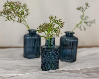 Blue Textured Mini Glass Bottle Vase 9.5cm -  Wedding Party Centrepieces