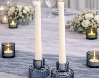 Blue Ribbed Glass Candlestick/Tealight Holder  - Wedding Party Candle Holders / Boy Blue Baby Shower Decor / Centrepieces
