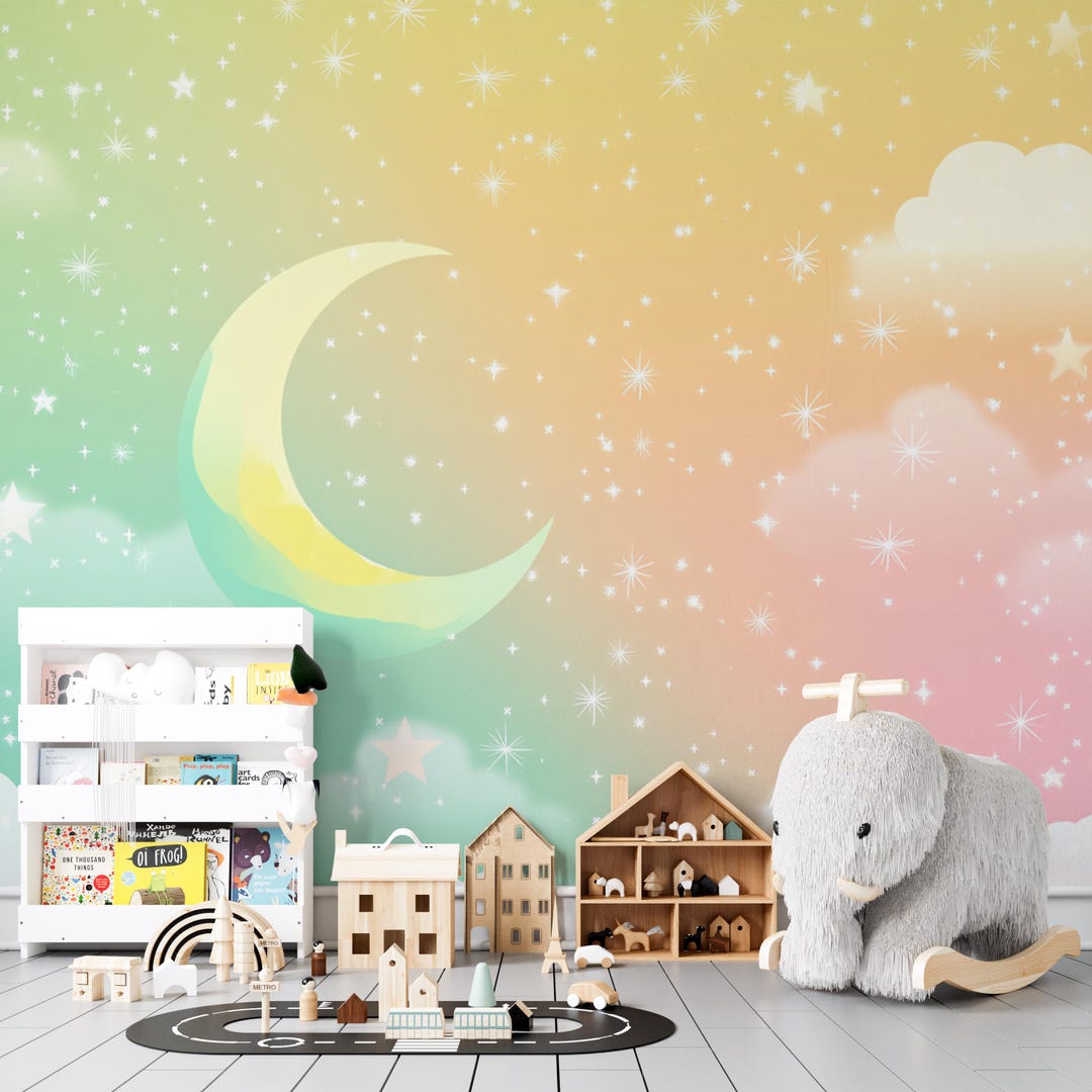 Pastel Moon and Stars Peel and Stick Wallpaper | Nursery Wall Mural ...