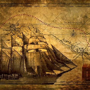 9XP0205 - bateau pirate vintage avec carte au trésor