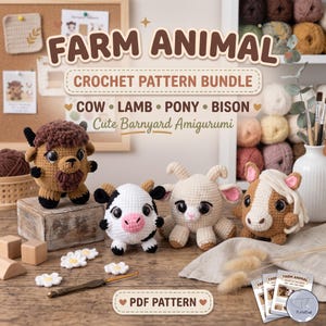 May include: A crochet pattern bundle featuring four amigurumi farm animals: a brown bison, a black and white cow, a cream-colored lamb, and a brown and white pony. The text reads FARM ANIMAL CROCHET PATTERN BUNDLE COW LAMB PONY BISON PDF PATTERN.