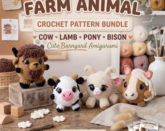Farm Animal Crochet Pattern Bundle PDF, Cow Lamb Pony Bison Amigurumi Plush Tutorial, Cute Barnyard Animal Patterns