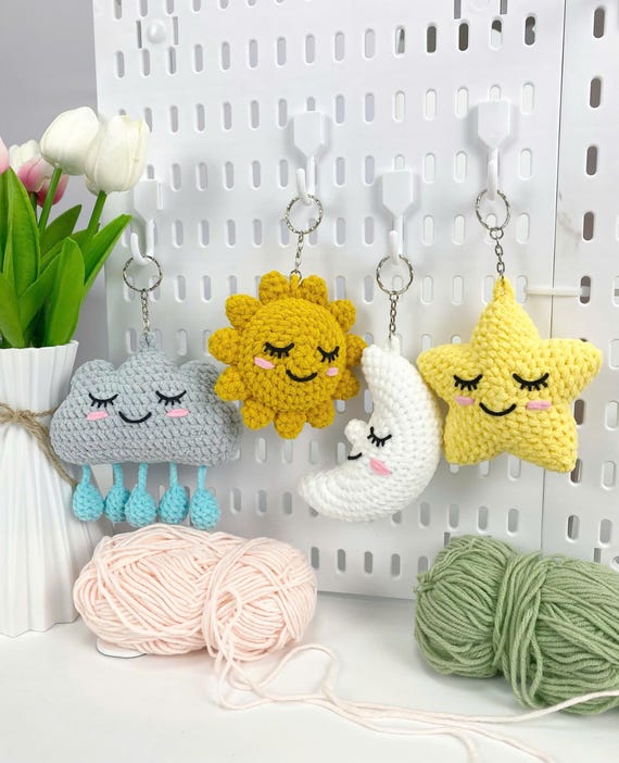 Weather Keychain Crochet Pattern: Sun, Moon, Star, Cloud (PDF)