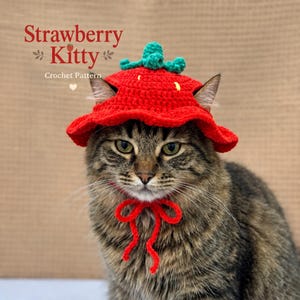 Puede incluir: Un sombrero de ganchillo rojo con forma de fresa, con un tallo verde en la parte superior y un lazo rojo bajo la barbilla. El sombrero tiene pequeños detalles amarillos y lo lleva un gato atigrado marrón. El texto Strawberry Kitty Crochet Pattern es visible.