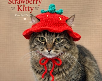 Strawberry Kitty Crochet Pattern PDF, Cat Strawberry Hat Tutorial, Cute Pet Costume Handmade Gift