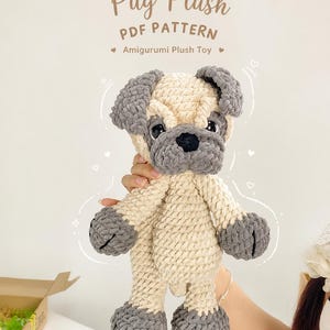 Patrón de cojín de ganchillo con forma de perro carlino: Peluche amigurumi (archivo digital PDF)