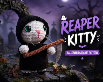 Grim Reaper Cat Amigurumi Pattern, Spooky Crochet Kitty Plush Halloween PDF Tutorial