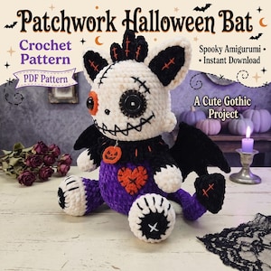 May include: A crochet bat plushie with a white head, black wings, and a purple body. It features a stitched heart, a pumpkin charm, and mismatched eyes, one being a black button. Text reads: Patchwork Halloween Bat, Crochet Pattern, PDF Pattern, Spooky Amigurumi, Instant Download, A Cute Gothic Project.