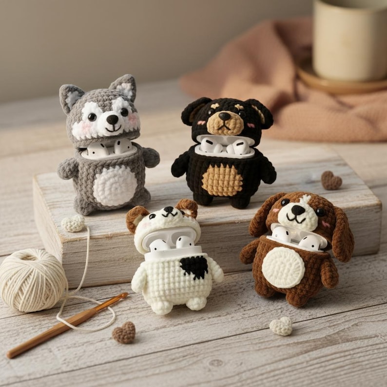 May include: Four handmade crochet animal-shaped AirPod cases. The cases are a gray wolf, a black bear, a white bear with a black patch, and a brown and white dog. Each case has a matching crochet design and holds a pair of white AirPods.