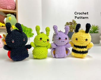 Patrón de crochet para llavero de insectos: Mariquita, Abeja, Mariposa y Oruga (PDF)