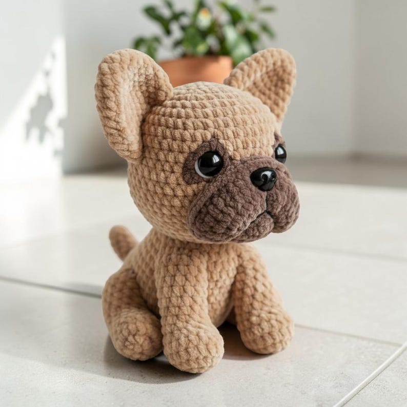 May include: A crocheted tan-colored French Bulldog plush toy. The dog has large black eyes, a brown snout, and floppy ears. The plush is sitting on a white tiled surface.