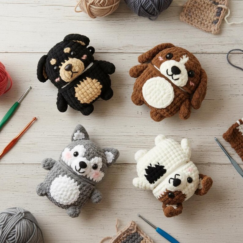 May include: Four crocheted dog-shaped items in black, brown, gray, and white. Each has a unique design, with details like a white belly, pink cheeks, and black spots. The dogs are surrounded by yarn and crochet hooks, suggesting a handmade craft.