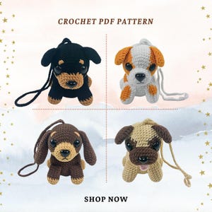 May include: Four crocheted dog amigurumi patterns. The dogs are a black and brown dachshund, a brown and tan pug, a white and orange dachshund, and a brown and tan dachshund. The patterns are available for purchase.