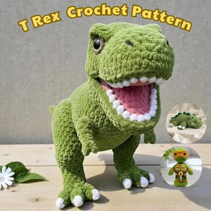 May include: A green crochet T-Rex dinosaur plush toy with a pink mouth, white teeth, and dark eyes. The text T Rex Crochet Pattern is visible at the top. Two circular insets show a green crochet alligator and a green crochet turtle character.