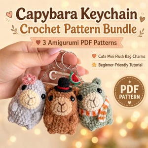 May include: Three crocheted capybara keychains featuring a gray one with a pink flower, a brown one with a black top hat, and a green one with an orange and white scarf. Text reads: Capybara Keychain Crochet Pattern Bundle, 3 Amigurumi PDF Patterns.