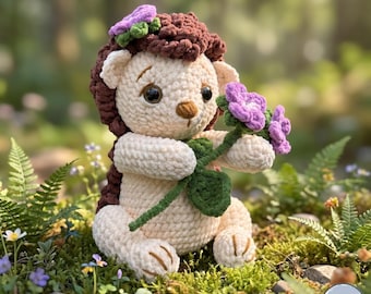 Woodland Hedgehog Crochet Pattern, Textured Fur Forest Animal with Flowers, Digital PDF Tutorial
