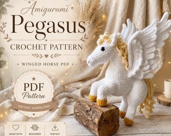Pegasus virkmönster PDF, vitvingad häst amigurumi handledning, fantasi plysch virkmönster, omedelbar nedladdning