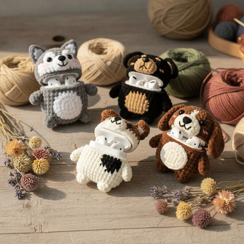 May include: A collection of handmade crochet animal-themed AirPod cases. The cases are shaped like a wolf, bear, bulldog, and dog, each with a unique color scheme. The wolf is gray, the bear is black, the bulldog is white, and the dog is brown.
