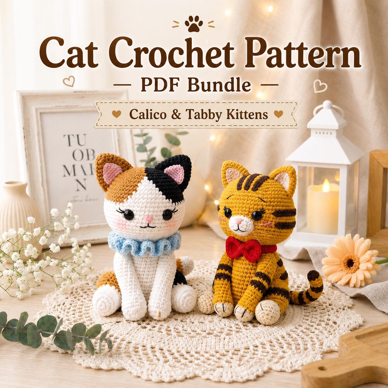 かぎ針編みネコぬいぐるみ ハンドメイド インテリア雑貨 プレゼント 猫の編み図PDFバンドル、かわいいあみぐるみ猫ぬいぐるみ