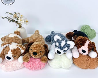 Hund Häkelanleitungenbund 4 in 1, Hund Amigurumi Anleitung, Hündchen Häkelanleitung, liegender Hund Häkelanleitung, Snuggler Amigurumi Welpe