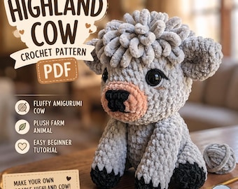 Highland Cow Crochet Pattern PDF, Cute Amigurumi Cow Plush Tutorial, Handmade Farm Animal Gift