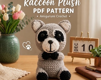 Schema PDF per realizzare un procione amigurumi all'uncinetto, tutorial per un simpatico procione di peluche, schema di animale del bosco adatto ai principianti, download immediato.
