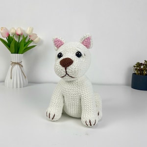 Patrón de Pitbull blanco amigurumi, perro de crochet (PDF), tutorial de peluche (PDF fácil para principiantes)