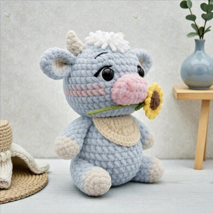 30 Sunflower Cow Crochet Patterns to Bring Rustic Farm Charm to Your Home 19 Cow Holding a Sunflower Crochet Pattern