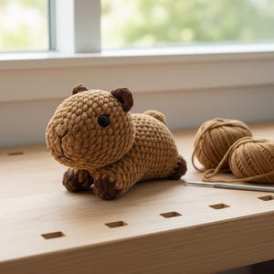 Peut inclure: Une peluche capybara au crochet faite à la main, de couleur marron avec des détails marron foncé pour les oreilles, les pieds et les yeux. La peluche est posée sur une surface en bois, avec deux pelotes de laine et un crochet. La peluche mesure environ 20 cm de long.