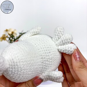 May include: White crocheted stuffed animal with a rounded body and a tail with three points. The animal is being held by a hand.