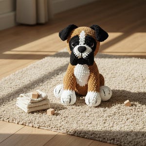 May include: A handmade crochet boxer dog plush toy. The dog is brown, black, and white, with a detailed face and floppy ears. It is sitting on a beige rug, with a stack of folded towels and small wooden blocks nearby.