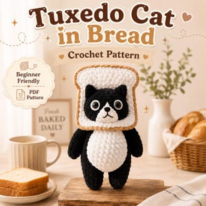 Haakpatroon voor een smokingkat in een broodje (PDF), schattige amigurumi-kattenknuffelhandleiding, beginnersvriendelijk, direct te downloaden.