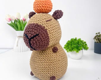 Capybara with Orange Crochet Pattern – Amigurumi Plush Toy PDF Tutorial, Cute Capybara Holding Orange, Easy Crochet Pattern No Sew Option