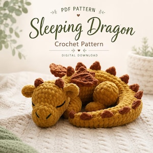 Häkelanleitung für einen Drachen, schlafendes Amigurumi-Plüschtier (PDF), Fantasietier (Digitaler Download)