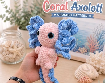 Coral Axolotl Crochet Pattern, Pink Blue Amphibian Plush PDF, Ocean Animal Gift