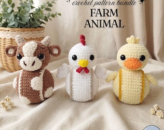 Round Farm Animal Crochet Patterns, Buffalo Chicken Duck Amigurumi Bundle, Velvet Plush PDF Set