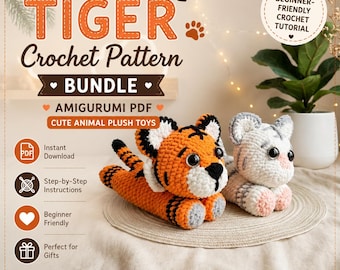 Paquete de patrones de ganchillo de tigre – PDF de amigurumi, lindos juguetes de peluche de animales, tutorial de ganchillo para principiantes