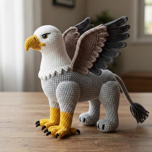 Pode incluir: Um brinquedo de grifo de crochê com cabeça branca, bico amarelo e asas cinzentas e castanhas. O corpo é cinzento, com patas amarelas e pretas. A cauda é cinzenta com um borla preta. A criatura mítica feita à mão é exibida numa superfície de madeira.