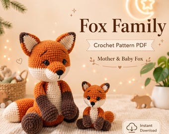 Häkelanleitung für eine Fuchsfamilie (PDF), Anleitung für Amigurumi-Plüschtiere mit Mutter und Baby, Waldtiermuster, Sofort-Download