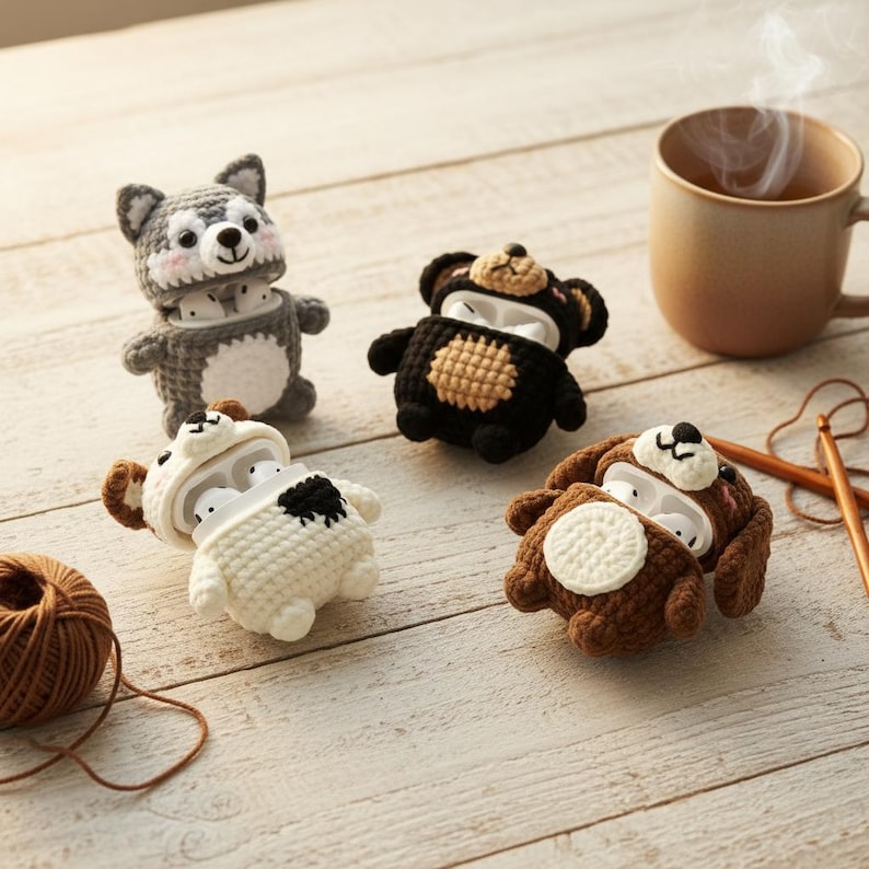 May include: Four handmade crochet animal-shaped cases for wireless earbuds. The animals include a gray wolf, a black bear, a white cow, and a brown dog. The cases are on a light wooden surface, with a cup of tea and yarn in the background.