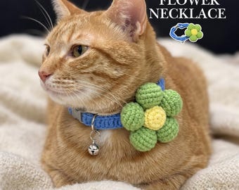 Pet Collar Crochet Pattern, Green Flower Cat Necklace, Adjustable Beginner Accessory Digital PDF